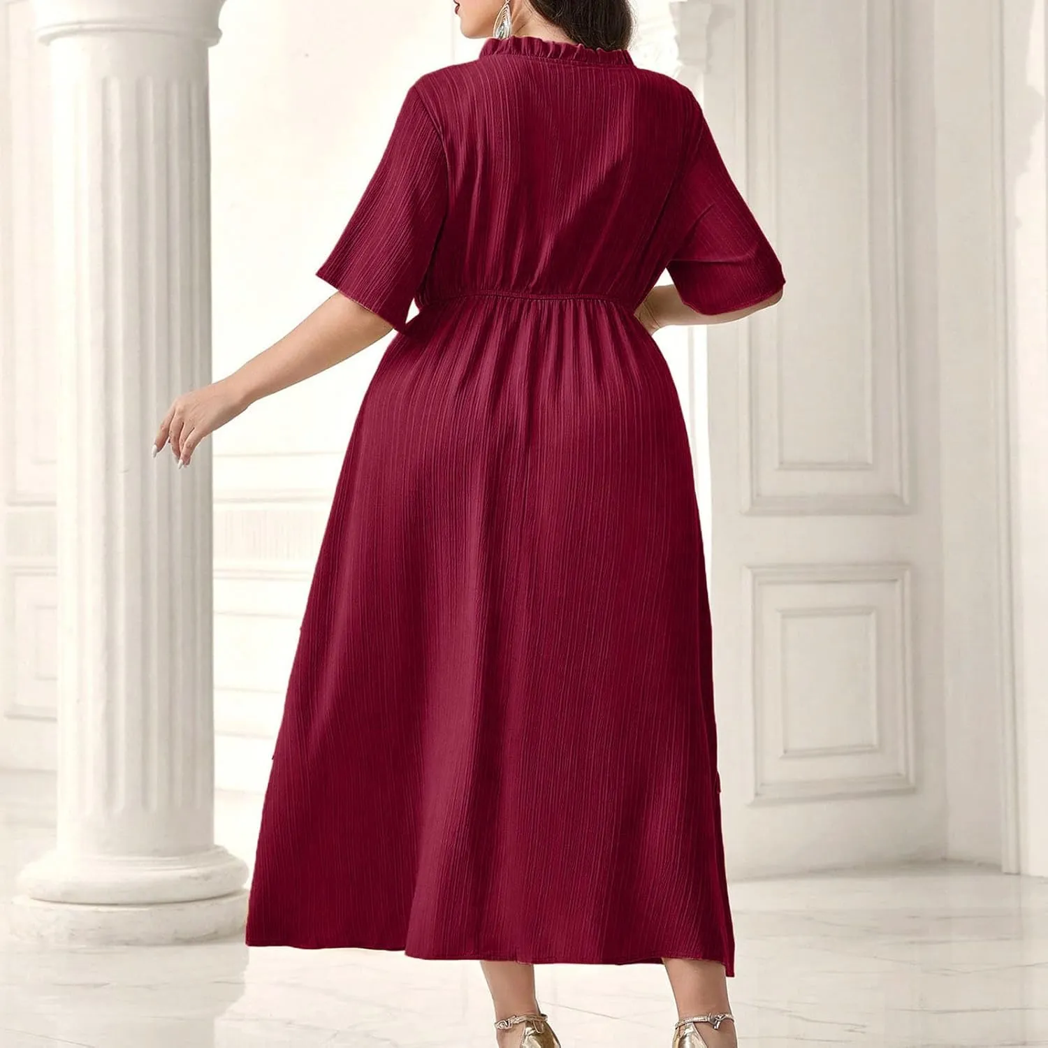 Womens Fashion Ruffle Trim Summer Dresses Casual Crewneck Button Short Sleeve Buckle Waist Midi Dress
