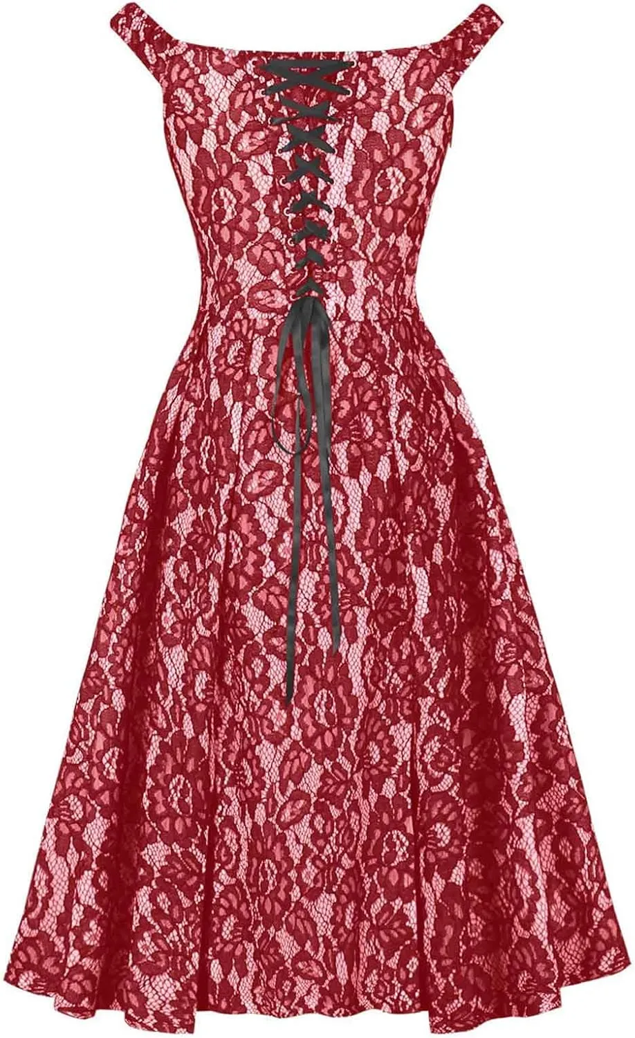 Women's Floral Lace Midi Sundress Summer Sleeveless Dresses Criss Cross Tie-Back Boat-Neck Flowy Cocktail Party Dress