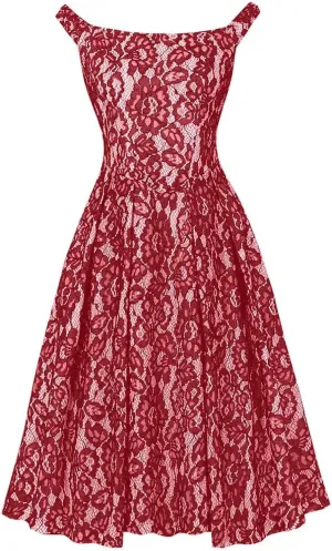 Women's Floral Lace Midi Sundress Summer Sleeveless Dresses Criss Cross Tie-Back Boat-Neck Flowy Cocktail Party Dress