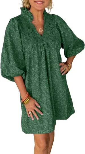 Women's Floral Puff Sleeve Mini Dress, High Waist V-Neck A-Line, S, Green