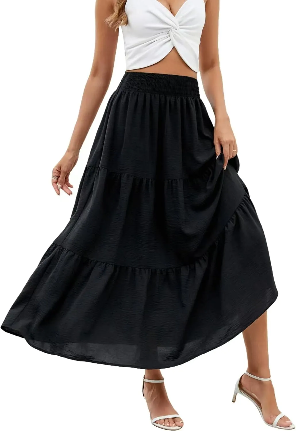 Women's Girdle Elastic Pleated A-Line Flared Midi Length Garden Skirt