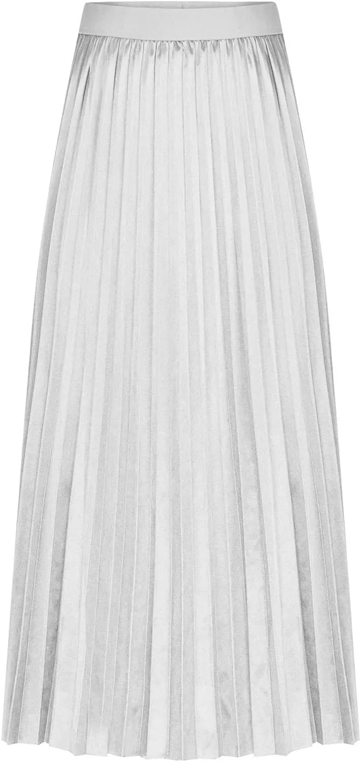 Women's High Waist Pleated A-Line Swing Skirt Solid Color Midi Long Shirring Skirts Summer Beach Flowy Skirt Dress