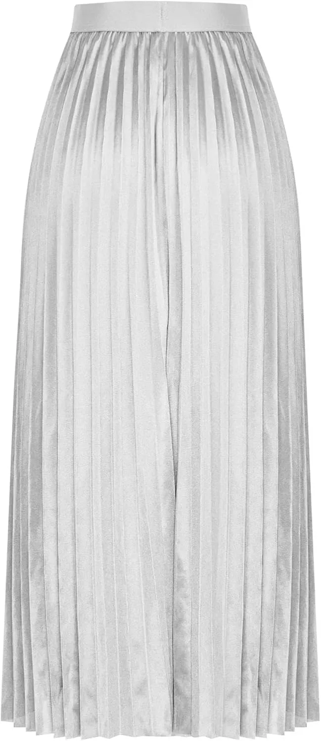Women's High Waist Pleated A-Line Swing Skirt Solid Color Midi Long Shirring Skirts Summer Beach Flowy Skirt Dress