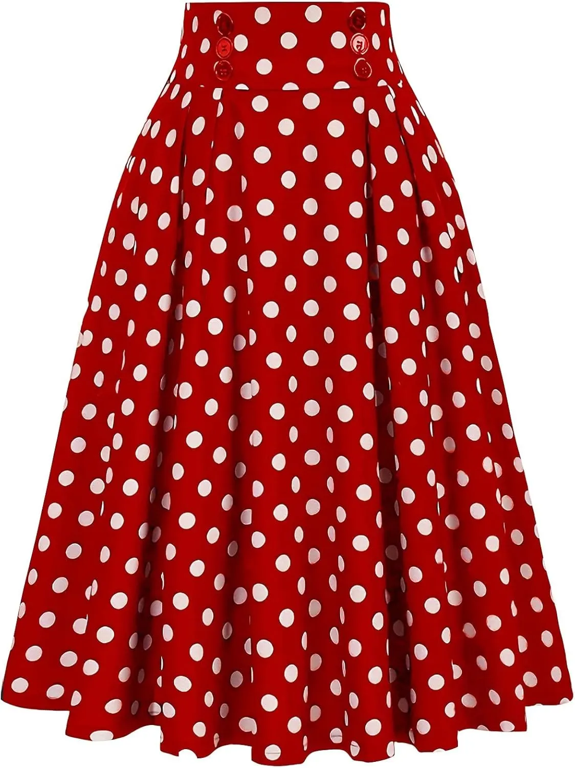 Womens High Waist Polka Dot Pleated Skirt Midi Swing Skirt A-Line Vintage Skirts Knee Length Ruched Flowy Midi Skirt
