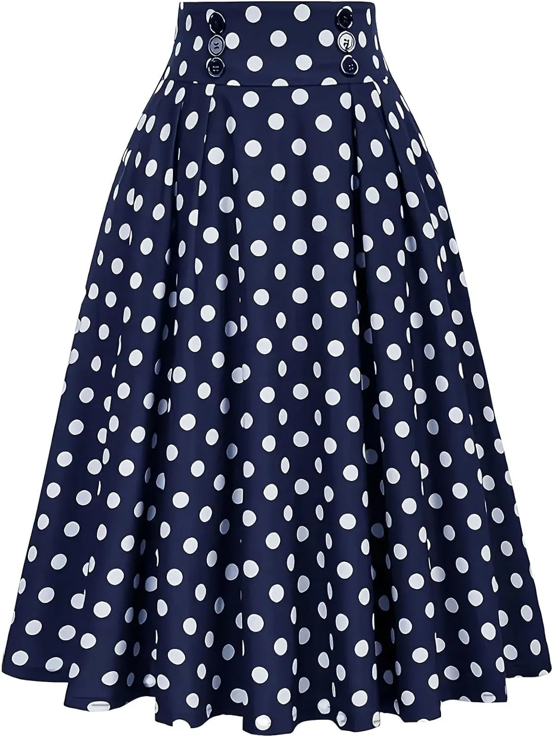 Womens High Waist Polka Dot Pleated Skirt Midi Swing Skirt A-Line Vintage Skirts Knee Length Ruched Flowy Midi Skirt