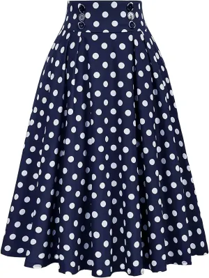 Womens High Waist Polka Dot Pleated Skirt Midi Swing Skirt A-Line Vintage Skirts Knee Length Ruched Flowy Midi Skirt
