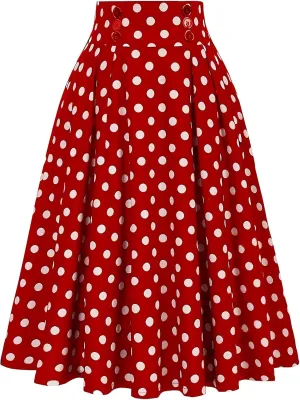 Womens High Waist Polka Dot Pleated Skirt Midi Swing Skirt A-Line Vintage Skirts Knee Length Ruched Flowy Midi Skirt