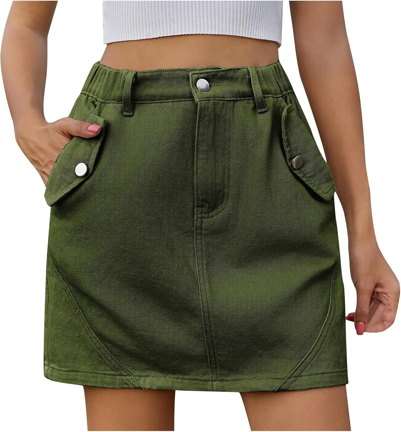 Women's High Waisted Jean Skirt Slim Fit Cargo Denim Mini Skirt Retro Comfy Stretch A-Line Denim Skirt with Pocket