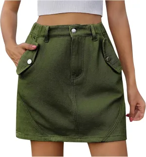 Women's High Waisted Jean Skirt Slim Fit Cargo Denim Mini Skirt Retro Comfy Stretch A-Line Denim Skirt with Pocket
