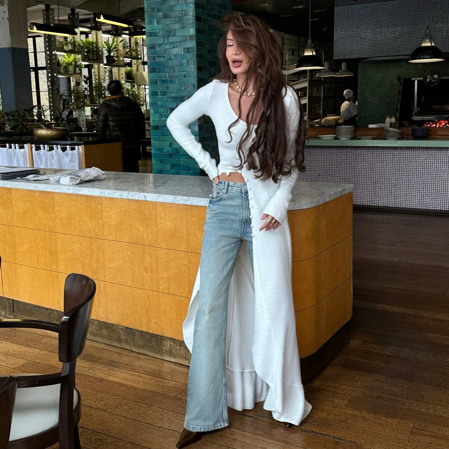Womens Knit Cardigan  Plush Fabric  Slim Fit  Button Front  Maxi Length