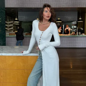 Womens Knit Cardigan  Plush Fabric  Slim Fit  Button Front  Maxi Length