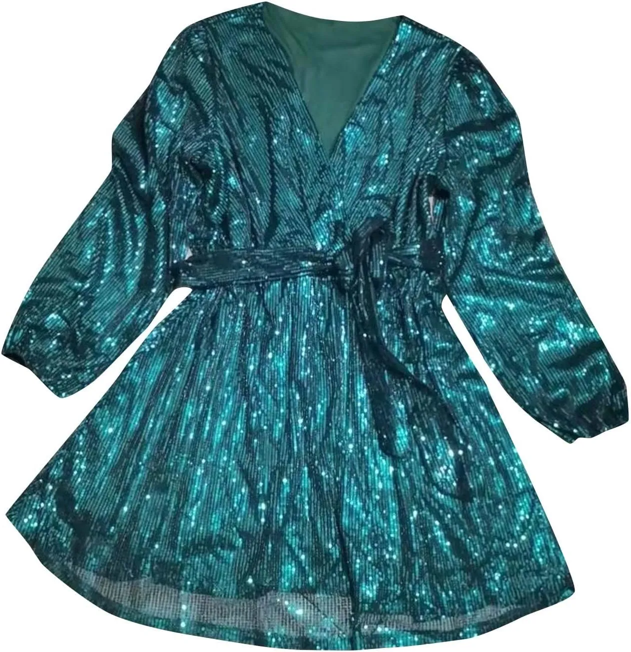 Women's Lantern Long Sleeve V Neck Sequin Cocktail Party Dress Plus Size Dresses for Women Wedding Guest with Belt
