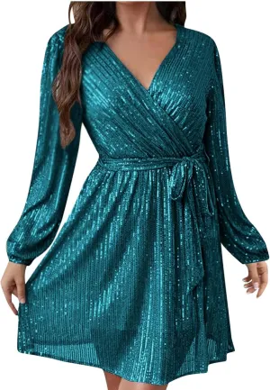 Women's Lantern Long Sleeve V Neck Sequin Cocktail Party Dress Plus Size Dresses for Women Wedding Guest with Belt