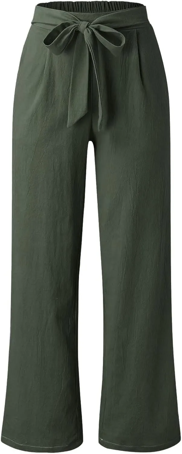 Women's Linen Wide Leg Pants High Waist Casual Long Lounge Adjustable Tie Business Casual Tie Knot Trousers Plus Size
