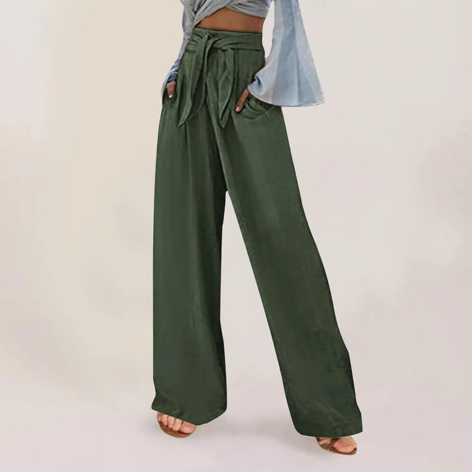 Women's Linen Wide Leg Pants High Waist Casual Long Lounge Adjustable Tie Business Casual Tie Knot Trousers Plus Size