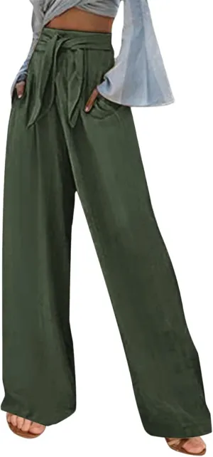 Women's Linen Wide Leg Pants High Waist Casual Long Lounge Adjustable Tie Business Casual Tie Knot Trousers Plus Size