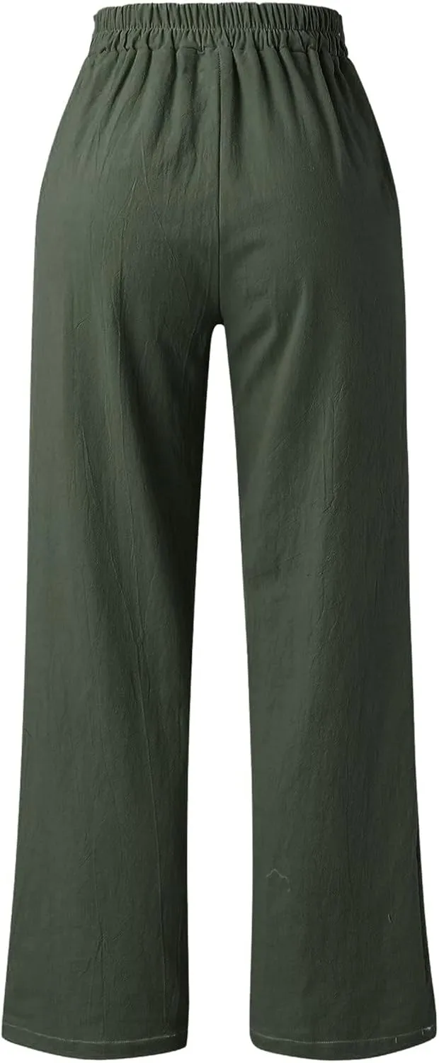 Women's Linen Wide Leg Pants High Waist Casual Long Lounge Adjustable Tie Business Casual Tie Knot Trousers Plus Size