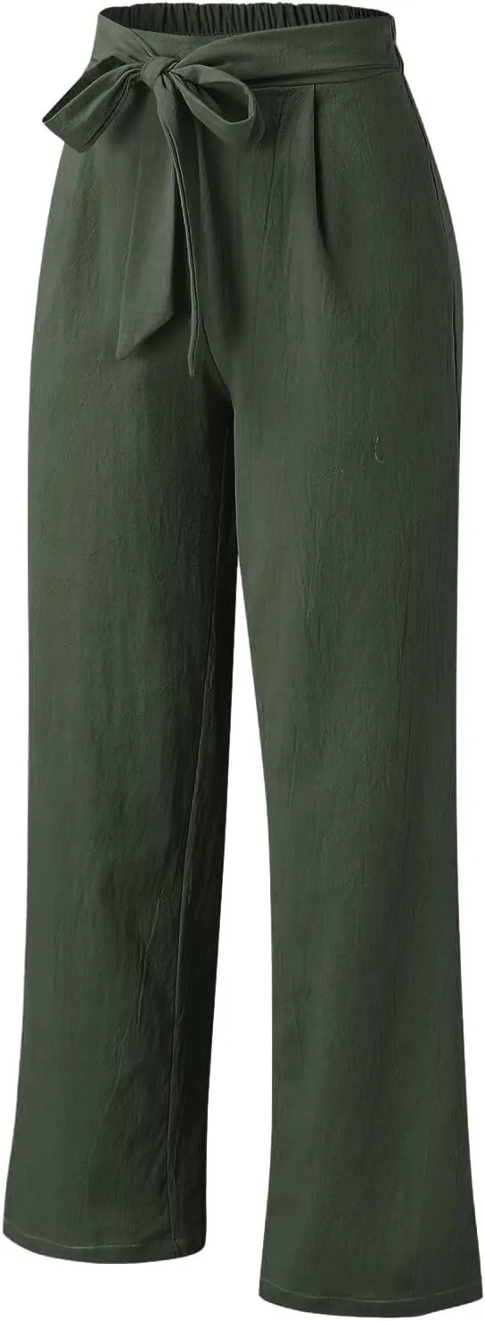 Women's Linen Wide Leg Pants High Waist Casual Long Lounge Adjustable Tie Business Casual Tie Knot Trousers Plus Size