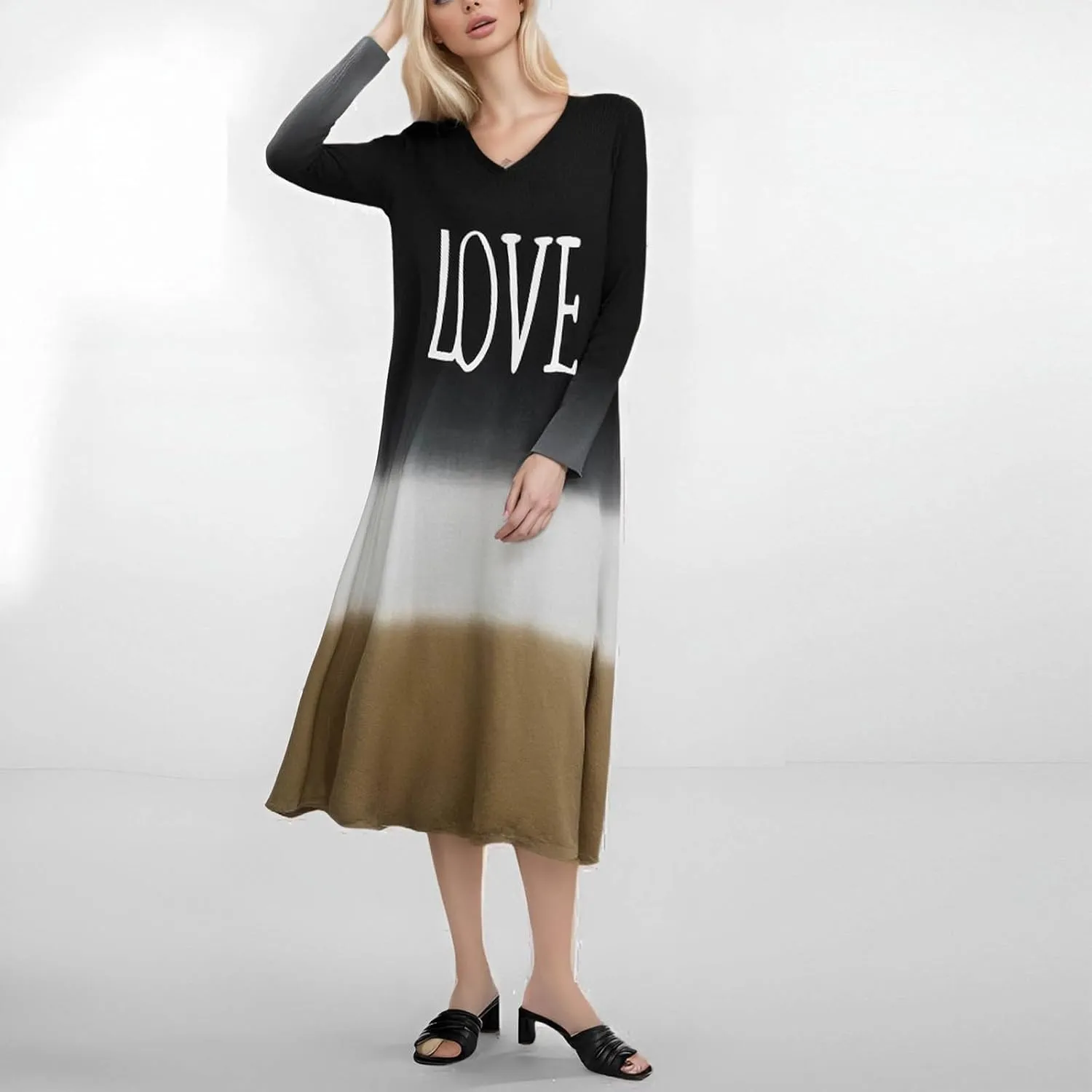 Womens Lounge Dresses 2025 Casual Loose Fit Long Sleeve Crew Neck Midi Dress Trendy Tie-Dye Print Plus Size Dress