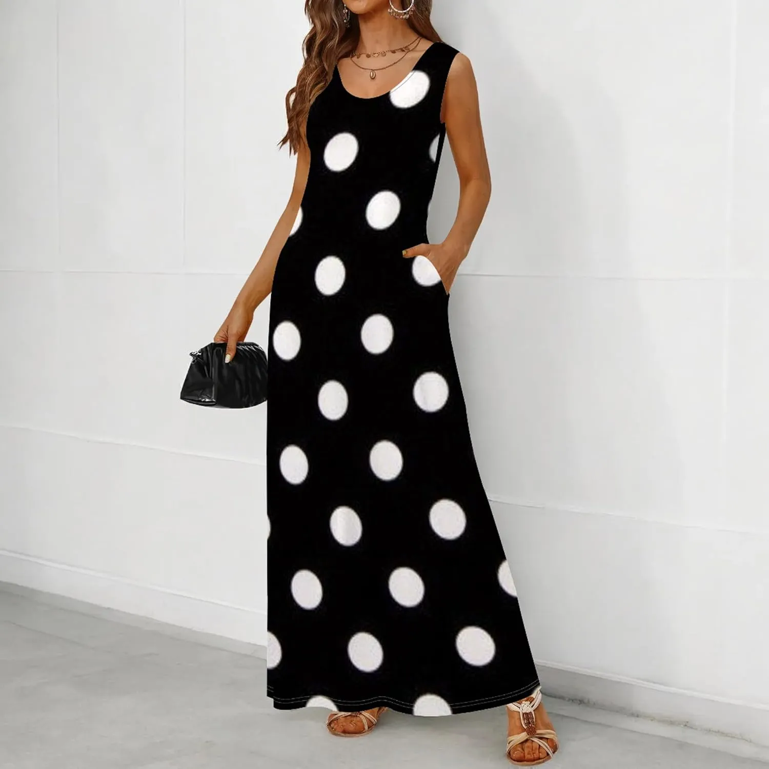 Women's Maxi Dress Summer Polka Dot Dress Sleeveless Long Flowing Sundress Casual Bohemian Beach Maxi Dress