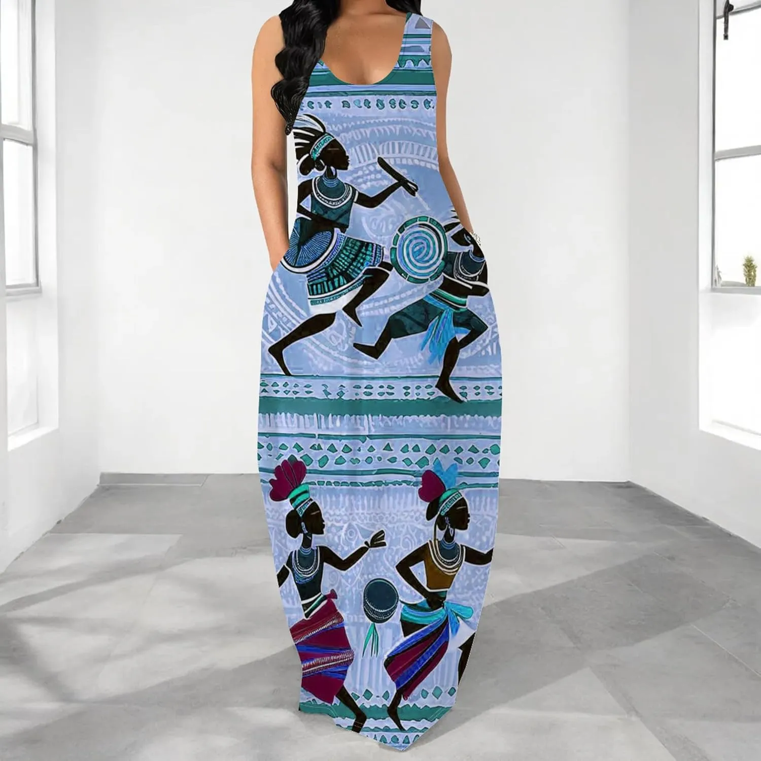 Women's Maxi Dresses Summer Spaghetti Strap Dress with Pockets Loose Flowing Maxi Skirt for Curvy Women