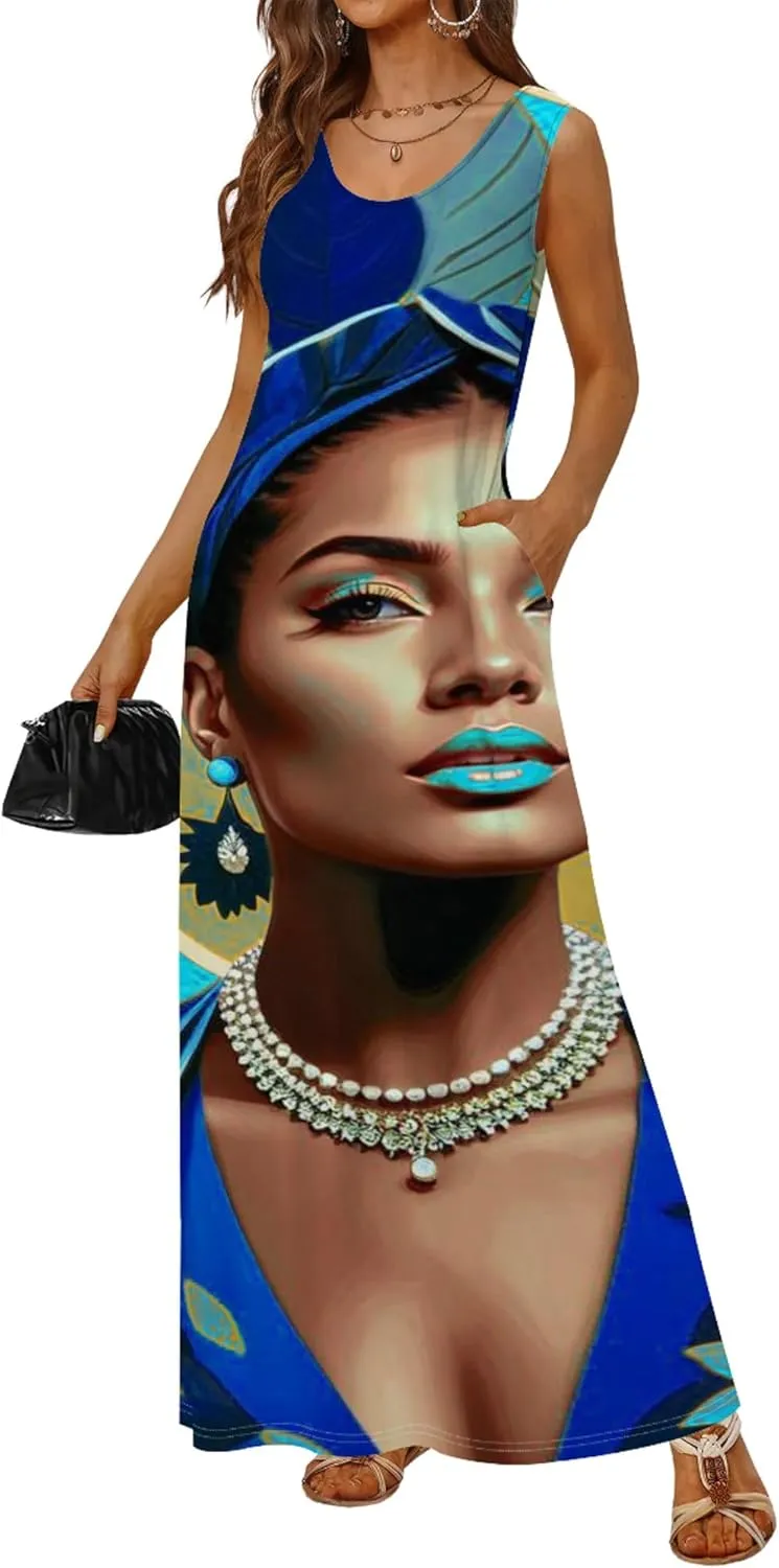 Women's Maxi Dresses Summer Spaghetti Strap Dress with Pockets Loose Flowing Maxi Skirt for Curvy Women