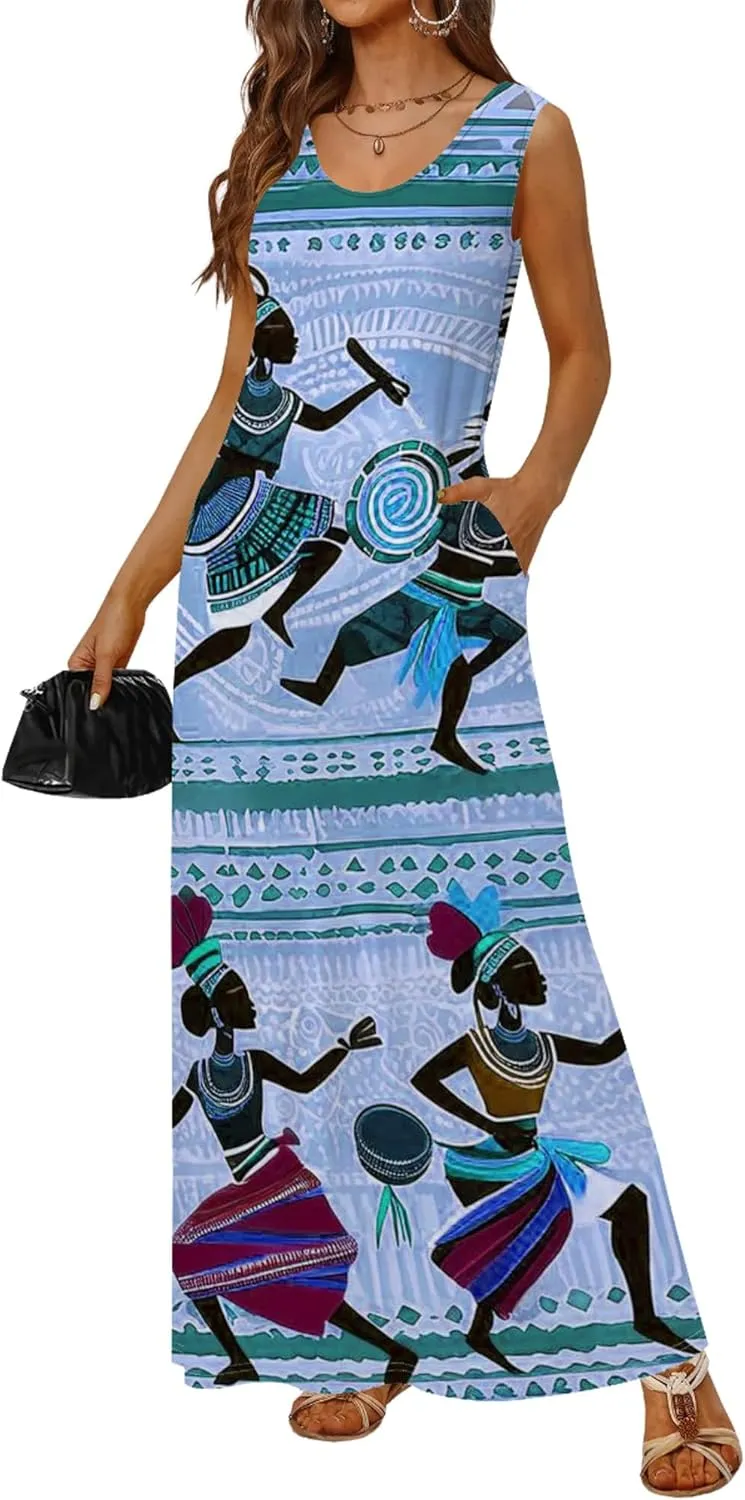 Women's Maxi Dresses Summer Spaghetti Strap Dress with Pockets Loose Flowing Maxi Skirt for Curvy Women