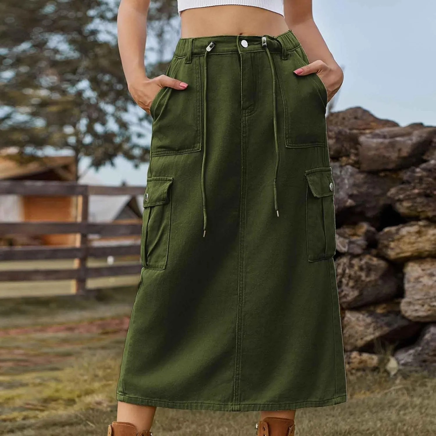 Women's Maxi Long Denim Skirts High Waist Split A line Flare Jean Skirt Y2k Cargo Casual Jean Skirts with Pockets