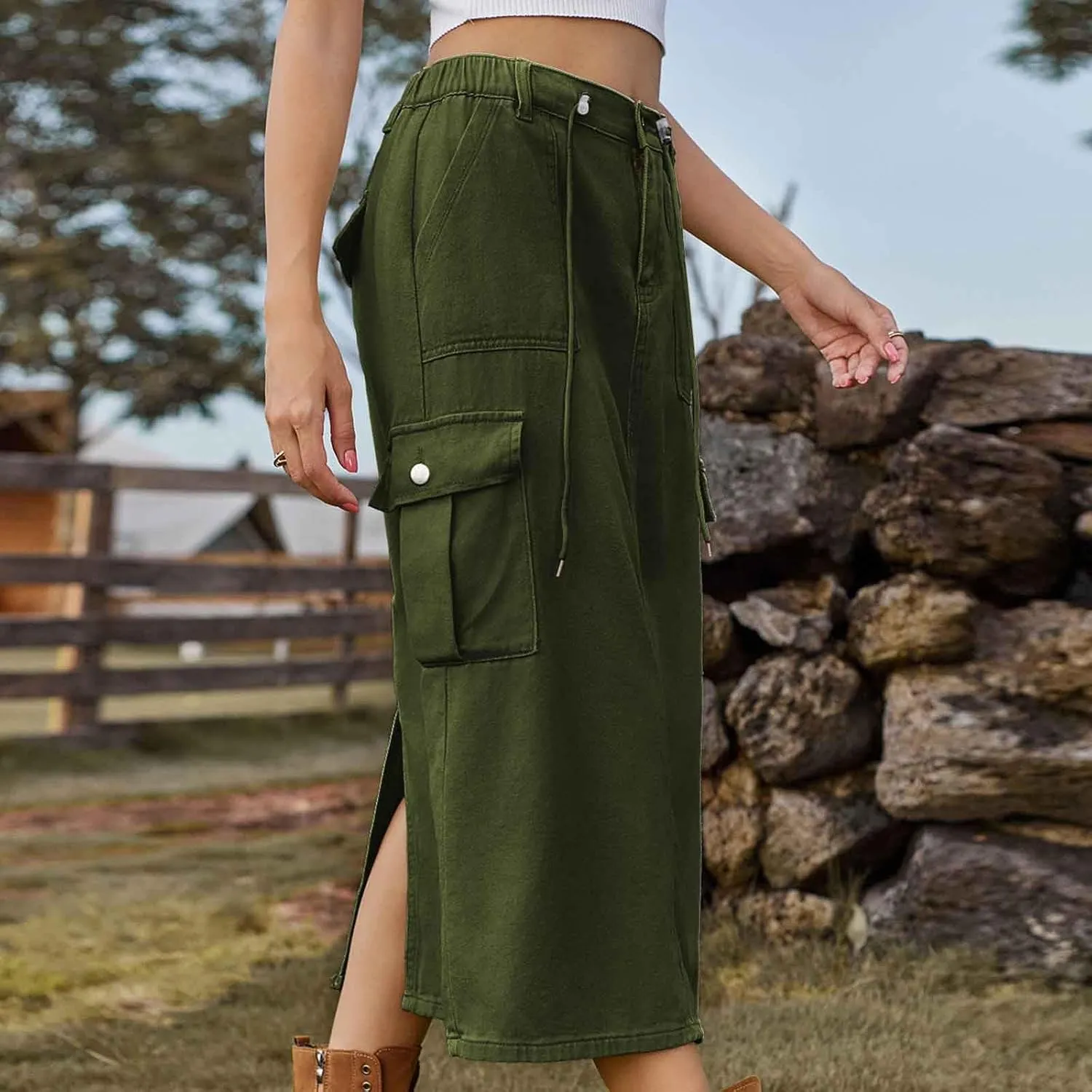 Women's Maxi Long Denim Skirts High Waist Split A line Flare Jean Skirt Y2k Cargo Casual Jean Skirts with Pockets