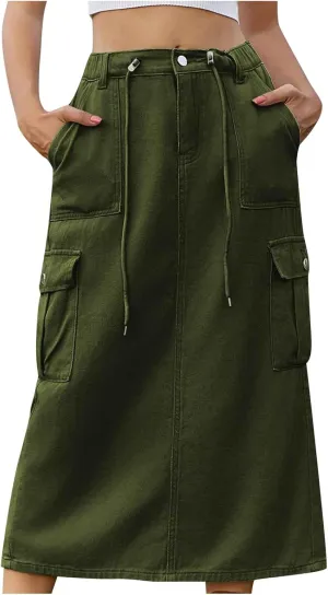Women's Maxi Long Denim Skirts High Waist Split A line Flare Jean Skirt Y2k Cargo Casual Jean Skirts with Pockets