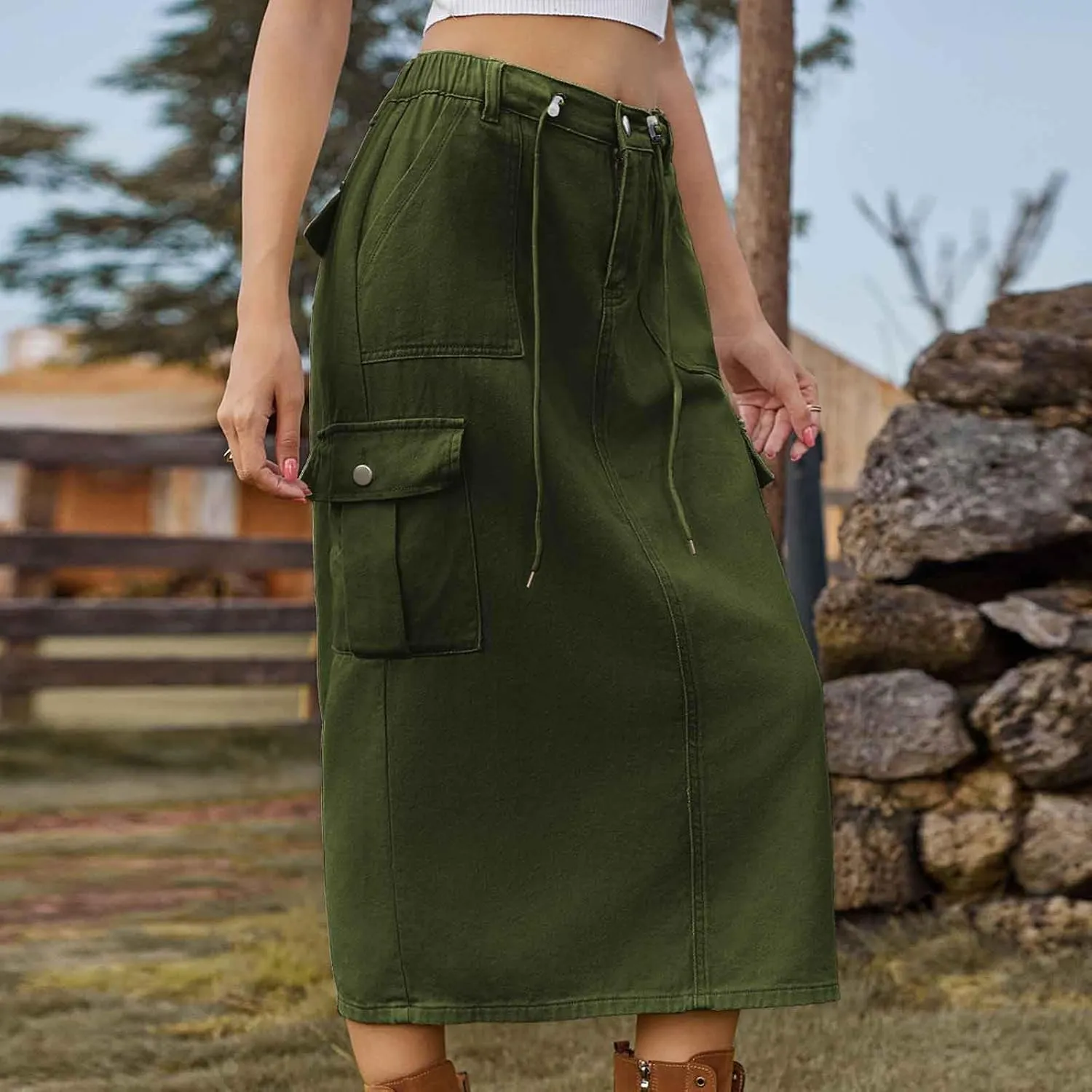 Women's Maxi Long Denim Skirts High Waist Split A line Flare Jean Skirt Y2k Cargo Casual Jean Skirts with Pockets