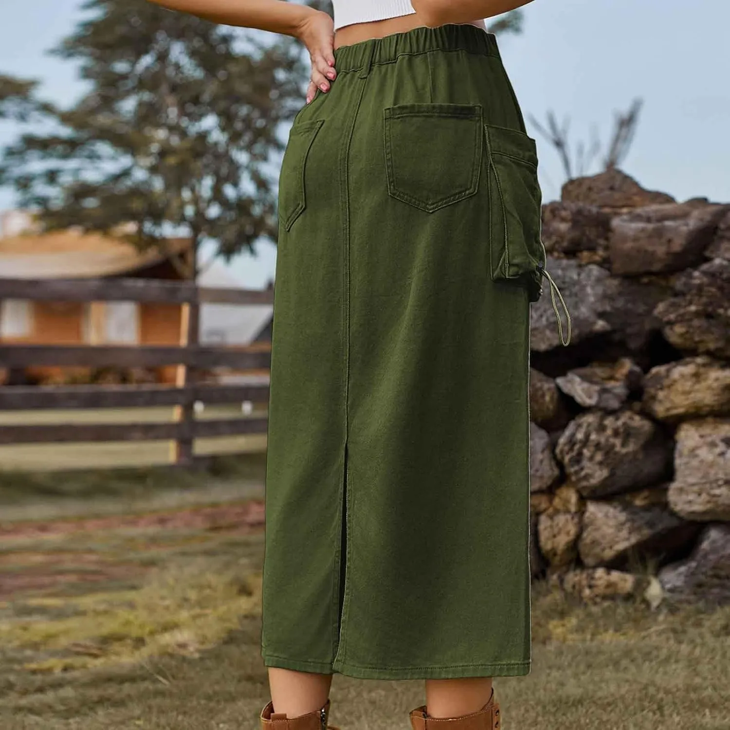 Women's Maxi Long Denim Skirts High Waist Split A line Flare Jean Skirt Y2k Cargo Casual Jean Skirts with Pockets