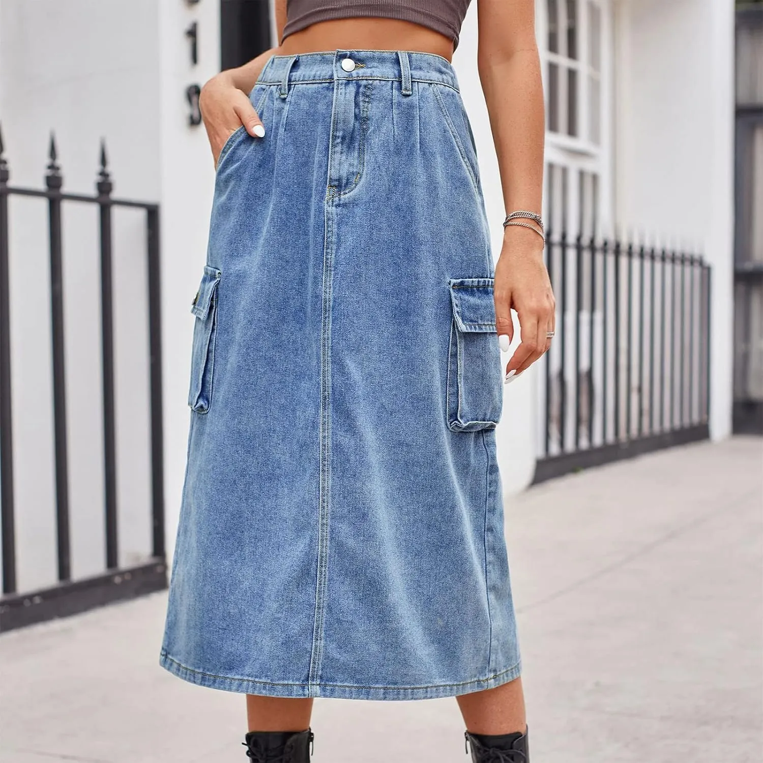 Women's Maxi Pencil Jean Skirt- High Waisted A-Line Long Denim Skirts for Ladies- Y2K Jean Skirt with Flap Pocket
