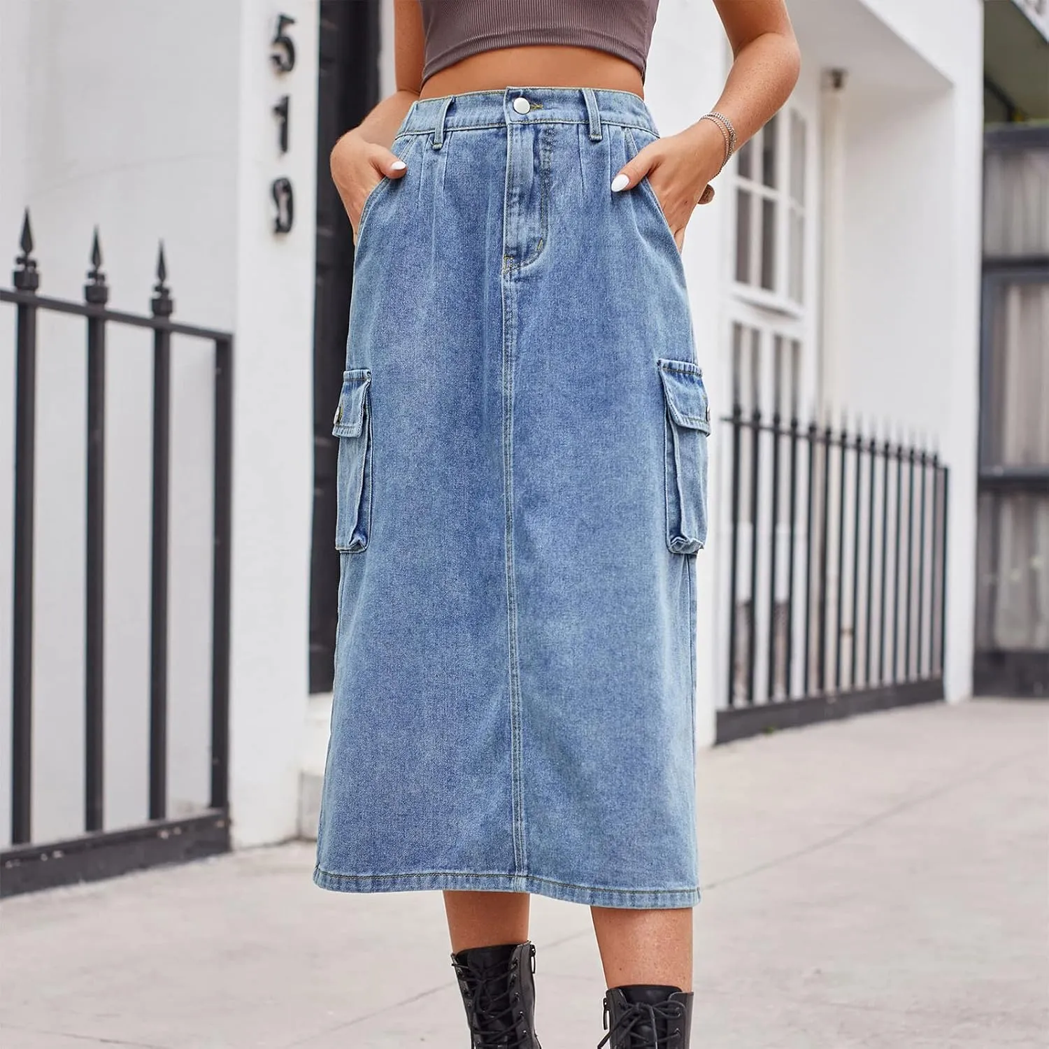 Women's Maxi Pencil Jean Skirt- High Waisted A-Line Long Denim Skirts for Ladies- Y2K Jean Skirt with Flap Pocket