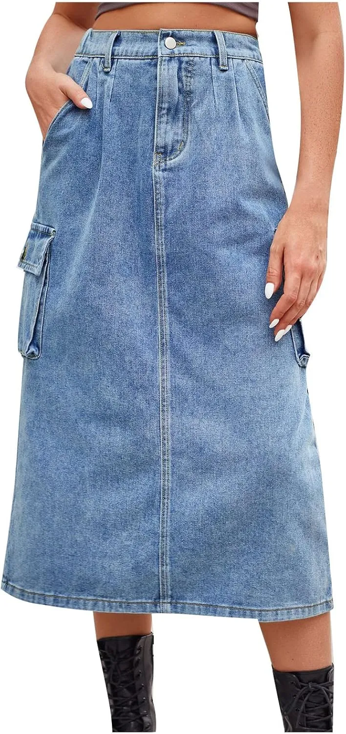 Women's Maxi Pencil Jean Skirt- High Waisted A-Line Long Denim Skirts for Ladies- Y2K Jean Skirt with Flap Pocket