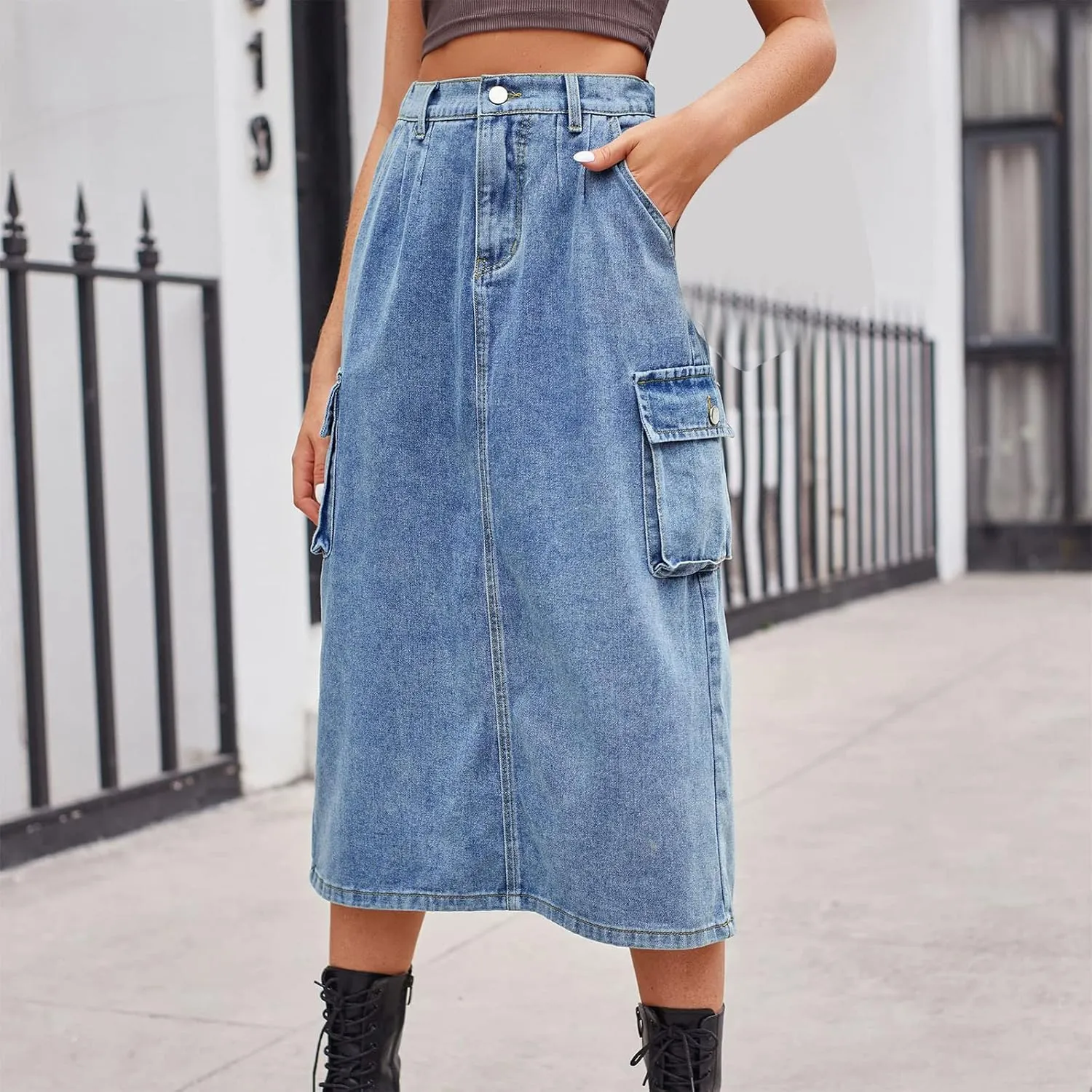 Women's Maxi Pencil Jean Skirt- High Waisted A-Line Long Denim Skirts for Ladies- Y2K Jean Skirt with Flap Pocket