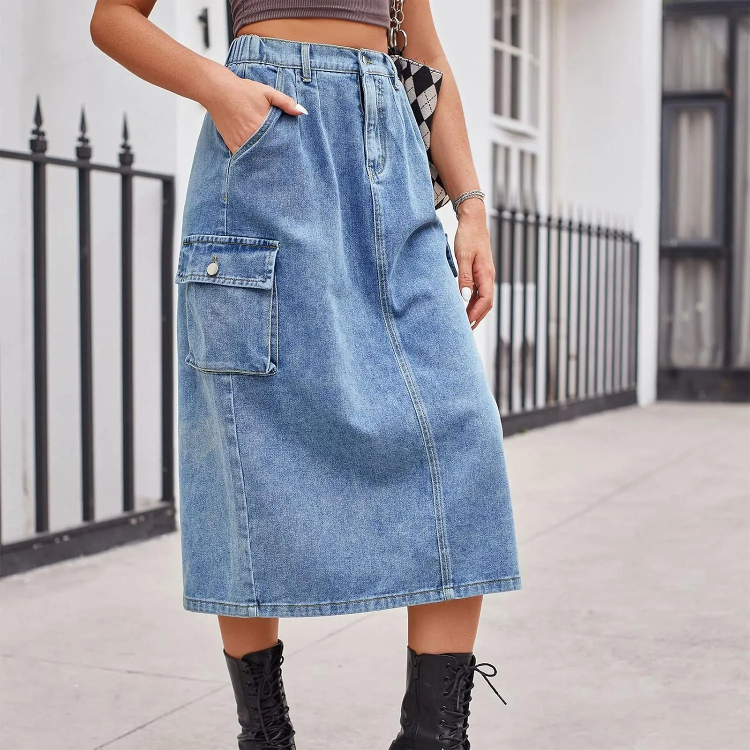 Women's Maxi Pencil Jean Skirt- High Waisted A-Line Long Denim Skirts for Ladies- Y2K Jean Skirt with Flap Pocket