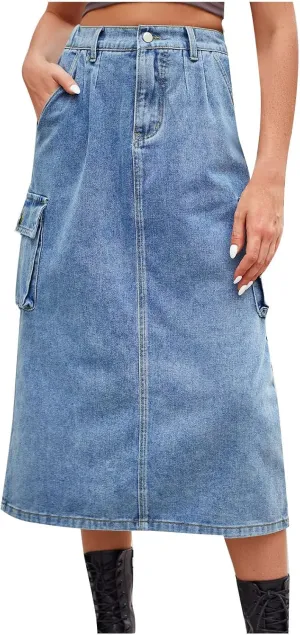 Women's Maxi Pencil Jean Skirt- High Waisted A-Line Long Denim Skirts for Ladies- Y2K Jean Skirt with Flap Pocket