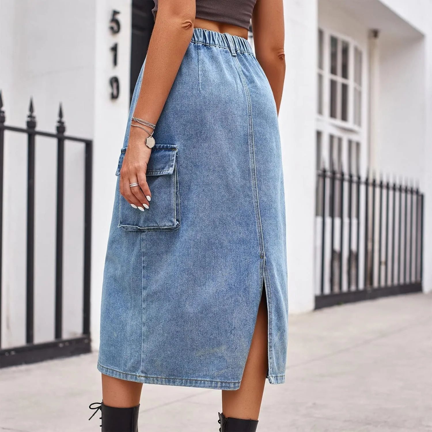 Women's Maxi Pencil Jean Skirt- High Waisted A-Line Long Denim Skirts for Ladies- Y2K Jean Skirt with Flap Pocket