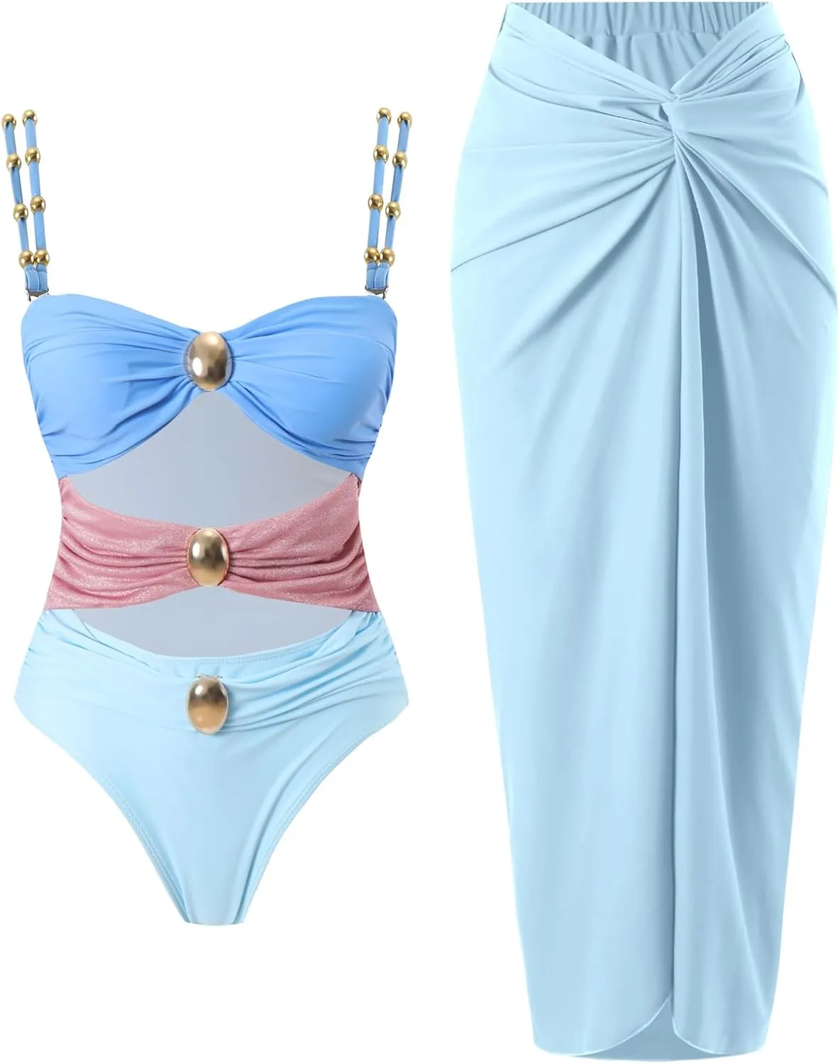 Women's One Piece Swimsuit with Cover up Set Beach Wrap Skirt Retro Bikini Set Two Piece Bathing Suit with Cover up