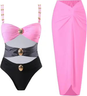 Women's One Piece Swimsuit with Cover up Set Beach Wrap Skirt Retro Bikini Set Two Piece Bathing Suit with Cover up