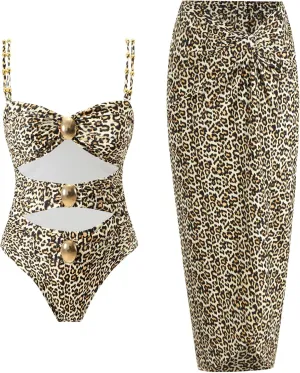 Women's One Piece Swimsuit with Cover up Set Beach Wrap Skirt Retro Bikini Set Two Piece Bathing Suit with Cover up