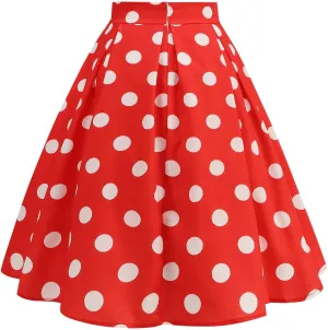 Women's Pleated Vintage Skirt Polka Dots A-line Midi Skirts Summer Cute High Waist Ruffle Skirt Swing Beach Skirt