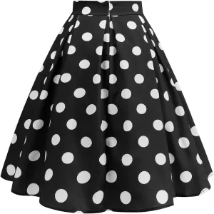 Women's Pleated Vintage Skirt Polka Dots A-line Midi Skirts Summer Cute High Waist Ruffle Skirt Swing Beach Skirt