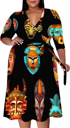 Women's Plus Size Dress 3/4 Sleeves Sexy Deep V Neck African Art Pattern Print Midi Dress with Belt for Curvy Women