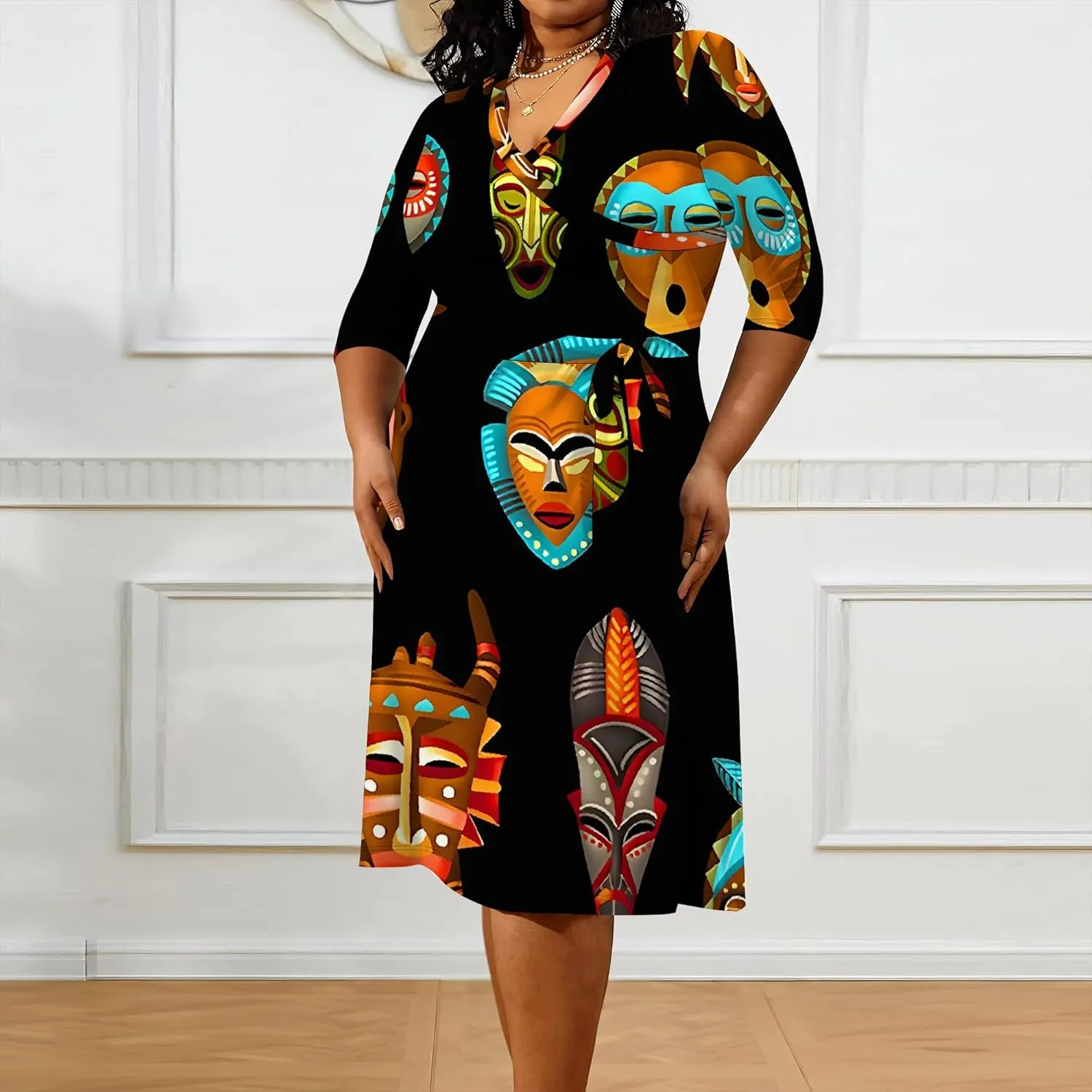 Women's Plus Size Dress 3/4 Sleeves Sexy Deep V Neck African Art Pattern Print Midi Dress with Belt for Curvy Women