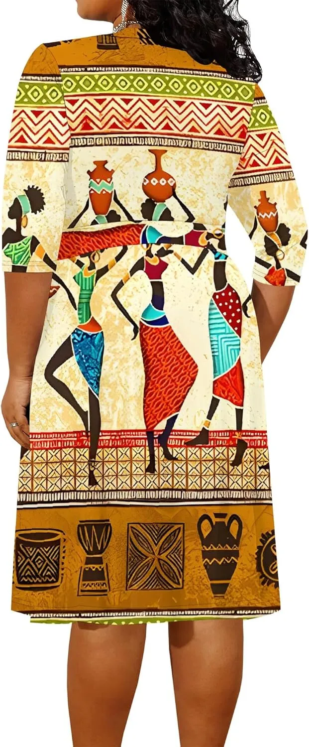 Women's Plus Size Dress 3/4 Sleeves Sexy Deep V Neck African Art Pattern Print Midi Dress with Belt for Curvy Women