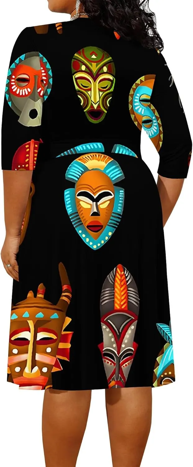 Women's Plus Size Dress 3/4 Sleeves Sexy Deep V Neck African Art Pattern Print Midi Dress with Belt for Curvy Women