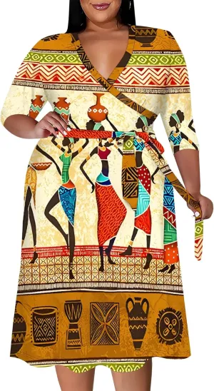 Women's Plus Size Dress 3/4 Sleeves Sexy Deep V Neck African Art Pattern Print Midi Dress with Belt for Curvy Women