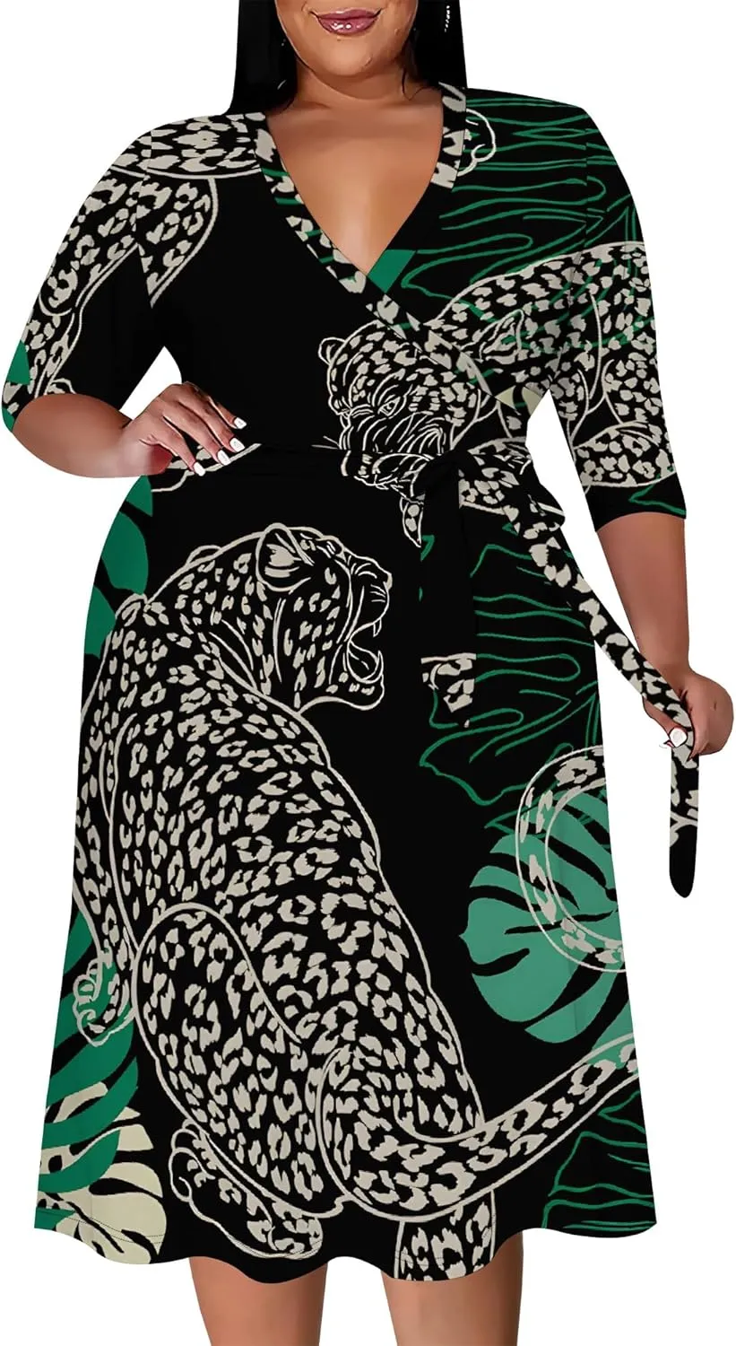 Women's Plus Size Dress 3/4 Sleeves Sexy Deep V Neck African Art Pattern Print Midi Dress with Belt for Curvy Women